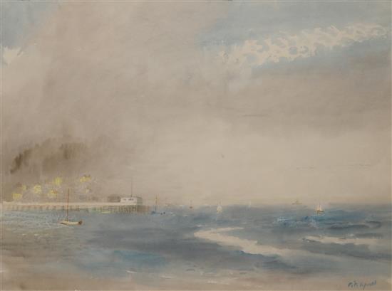 Roland Vivian Pitchforth (1895-1982) watercolour, Coastal scene with a pier, signed, 44 x 59cm.